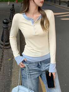 Korean Style 2 In 1 Patchwork Long Sleeve T-Shirt Women Spring Gentle Style Slim Fit Inner Layer Base Top - Apricot - View 3