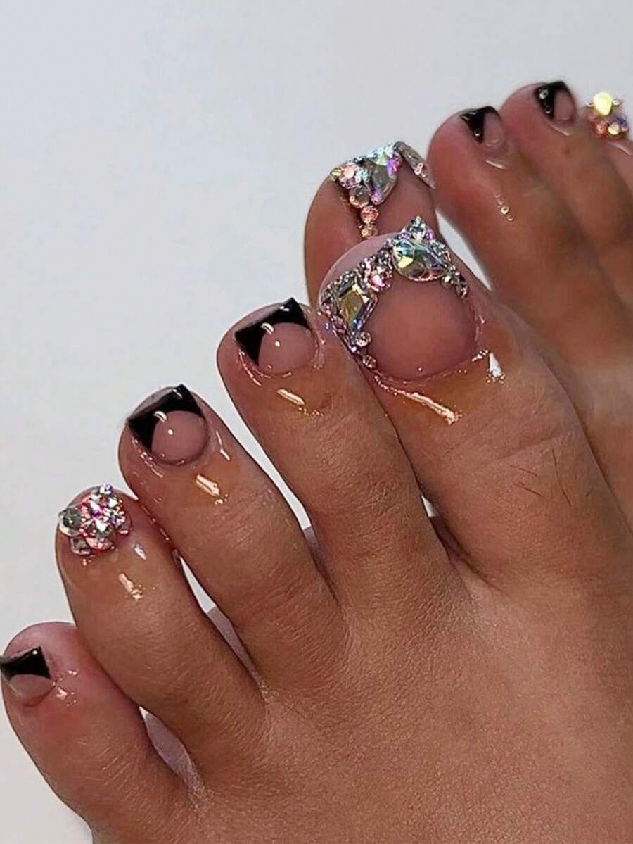 24PCS Short Square White French Floral Gradient 3D Rhinestone Toe Nail Set, Wedding Wearable Nails With 1 Nail File And 1 Piece Jelly Glue, Suitable For Women's Daily And Party - Multicolor - View 1