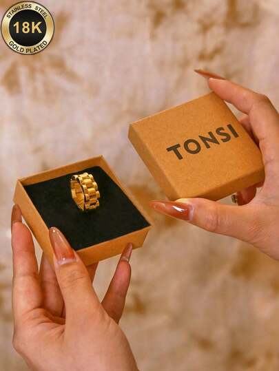 TONSI 1 pieza Anillo de mujer con cadena gruesa chapada en oro, banda de acero inoxidable, joyería para el dedo