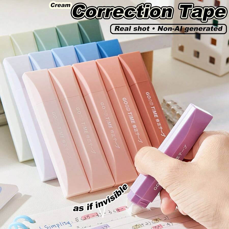 5PCS/10PCS Cream Correction Tape Pen,Gradient Color Pen-Style Design,Paper-Color Invisible,Smooth No-Break Tape,Smooth Continuous,No-BreakCompact Portable Large Capacity Paper-Toned Invisible Ideal For Students Office School & Home - Sets - View 1