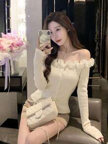 Autumn/Winter Casual Korean Sweet Style Ruffle Off-Shoulder Knit Sweater, Fitted Slim Fit Long Sleeve Top, Warm Gentle Elegant Versatile Base Layer, Apricot Color - Apricot - View 5