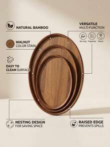 Oval Walnut Color Minimalist Premium Bamboo Tray With Handle, Multiple Sizes, Suitable For Plates, Food, Snacks, Drinks, Cakes, Bread, Ideal For Home, Office, School, Outdoor Camping, Wedding, Breakfast, Dinner, Platter - Maroon - View 8