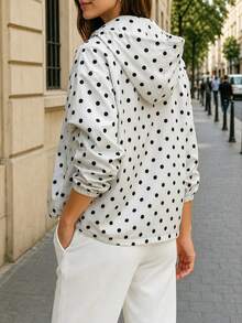 Women's Fashion Polka Dot Shirt Jacket With Hooded Collar, Long Sleeves, Zipper Front And Pockets - White - View 2
