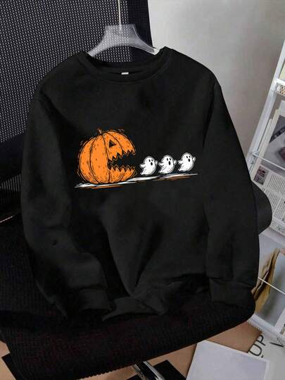 Halloween Big Kids Boys Cartoon Pumpkin & Ghost Print Crew Neck Loose Pullover Sweater Cute Top Cool Preppy Style Boys Clothing