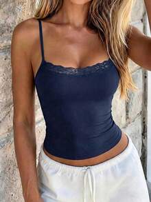 GAOVOT Women's Lace Patchwork Camisole, Sexy Fitted Y2K Style, Spring/Summer Casual - Navy Blue - View 3