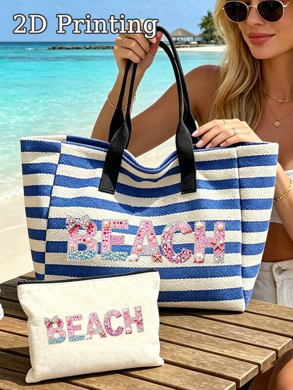Blue And White Striped Large Capacity Beach Tote Bag, Shopping Bag, Diamond BEACH Pattern, Shoulder Bag, Suitable For Summer Outings, Beach Travel, Swimming, Shopping And Daily Use, Suitable For Women, Travelers And Beach Lovers, Perfect For Spring Break, Vacation And Gifts, Can Be Used As Beach Bag, Shopping Bag, Backpack, Birthday Gift, Back To School Gift
