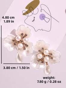 1 par de pendientes elegantes, lujosos, exquisitos y de moda con flores y perlas para mujer, adecuados para vacaciones, fiestas, playa, uso diario casual, accesorio versátil - Multicolor - Ver 5