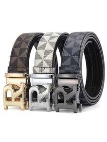 Sabuk Kulit Pria Mewah Motif Huruf R Geometris Kotak-kotak dengan Gesper Otomatis, Tali Pinggang Modis untuk Bisnis dan Kasual, Cocok untuk Pakaian Jeans Sehari-hari. - MultiWarna - View 3