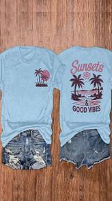 100% Cotton Unisex Round Neck Short-Sleeve T-Shirt With Palm Tree And Sunset Pattern, And The Words "FOREVER CHASING Sunsets" On The Back. Summer Wome - 粉紅藍色 - 查看 1