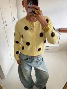 Cardigan Polkadot Vintage Wanita, Sweater Lengan Panjang Leher Bulat Kancing Depan, Cocok untuk Musim Gugur/Musim Dingin - Kuning - View 8