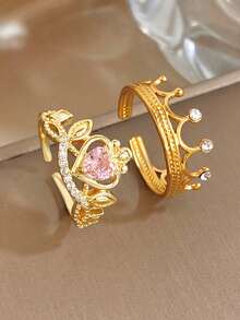 1Pc/Set Luxuy Sweet Gold Plated Round Zirconia Heart Crown Rings Set, Gold Jewelry Gift, For Daily Party Birthday Valentine's Day, Boho/Y2K Accessories - Multicolor - View 3