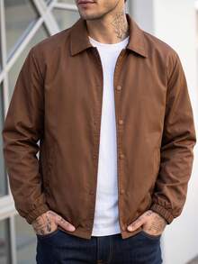 1pc Men's Coffee Brown Lapel Jacket, Smooth Woven Fabric, Easy Care, Classic Small Lapel Design, Flattering Neckline, Snap Button Closure, Casual Style, Versatile All-Match Solid Color Outerwear For Daily Commute And Leisure Outings - Coffee Brown - View 2
