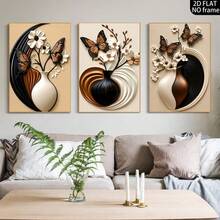 3-Piece Frameless Modern Minimalist Vase & Floral Wall Art Print Canvas Decor, Abstract Geometric Butterfly & Floral Frameless Poster, Home Decor Neutral Earth Tone Wall Art, Holiday Decoration Gift - Beige - View 1