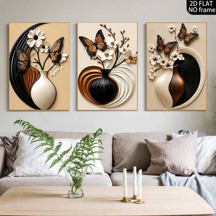 3-Piece Frameless Modern Minimalist Vase & Floral Wall Art Print Canvas Decor, Abstract Geometric Butterfly & Floral Frameless Poster, Home Decor Neutral Earth Tone Wall Art, Holiday Decoration Gift - Beige - View 1