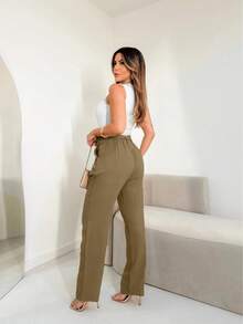 Women's Linen High Waist Trousers With Elegant And Detailed Rope Belt And Pence - 摩卡棕 - 查看 2