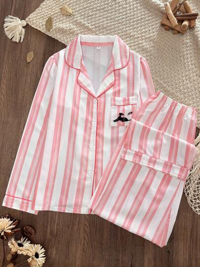 Women's Pink Striped Pajama Set - Soft Long Sleeve Button-Front Top With Pants, Featuring Cute Dog Pocket, Breathable Comfortable Loungewear