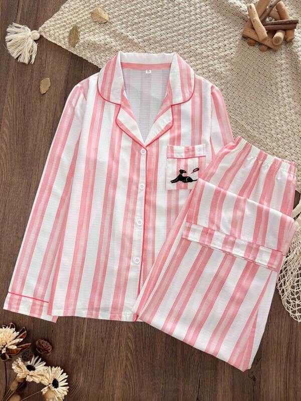 Women's Pink Striped Pajama Set - Soft Long Sleeve Button-Front Top With Pants, Featuring Cute Dog Pocket, Breathable Comfortable Loungewear
