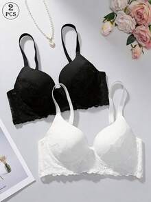 2pcs Women's Lace Trim Deep V-Neck Push-Up Bra, Adjustable Straps, Smooth Cups, Extended Hem - Multicolor - View 3