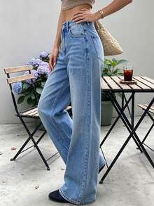 Women's Light Blue Washed Wide Leg Jeans, Mid-Waist Cat Whisker Loose Straight Leg Floor Length Pants, Versatile Bottoms For Daily Commute - Medium Wash - View 7