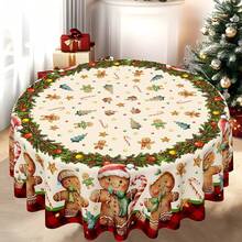 1/100pcs Christmas Theme Polyester Tablecloth (Round: 145cm Diameter) Holiday Tablecloth, Pattern With Gingerbread Man, Christmas Wreath, Suitable For Family Gatherings, Fits Dining Table, Kitchen And Living Room - Multicolor - View 1