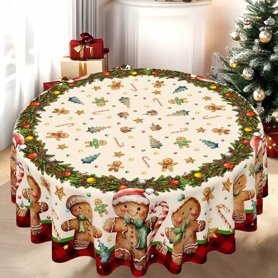 1/100pcs Christmas Theme Polyester Tablecloth (Round: 145cm Diameter) Holiday Tablecloth, Pattern With Gingerbread Man, Christmas Wreath, Suitable For Family Gatherings, Fits Dining Table, Kitchen And Living Room - Multicolor - View 1
