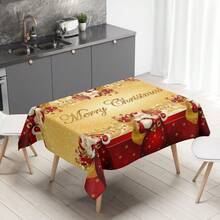 1/100件聖誕主題聚酯纖維桌布（圓形：直徑145cm，長方形：140x180cm）紅金配色聖誕老人雪景節日桌布，適用於餐桌、廚房與客廳 - 彩色 - 查看 6