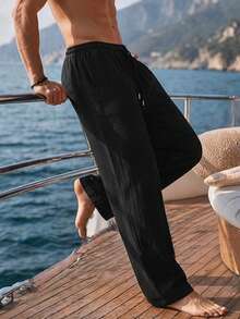 Celana Panjang Pria Linen Hitam Murni Model Lebar, Tali Serut Elastis, Bernapas, Cocok untuk Pantai, Liburan, Sehari-hari, Musim Panas, Celana Panjang Kasual Longgar Model Lurus, Olahraga, dan Musim Gugur. - Hitam - View 2