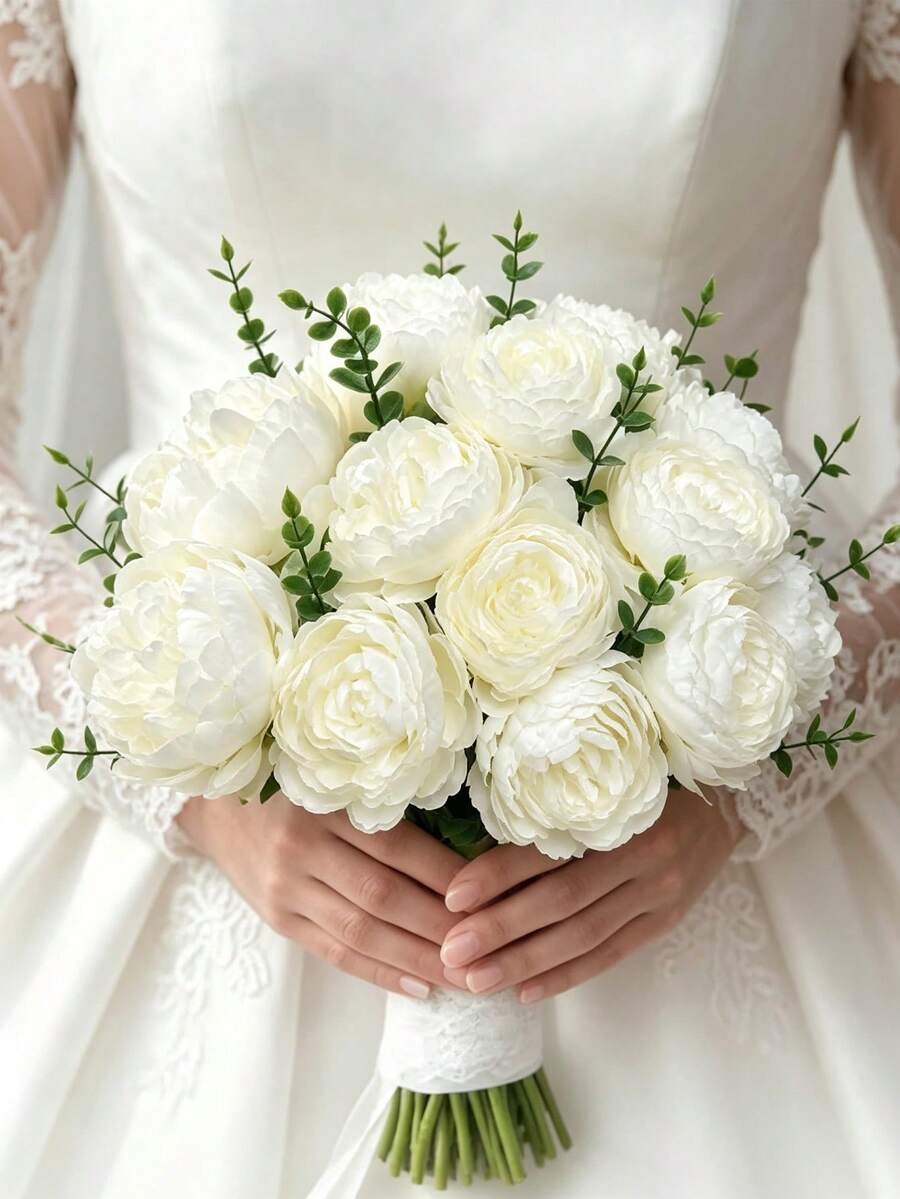 Ramo de 4 piezas de peonías blancas con 7 hojas de eucalipto, adecuado para decoración del hogar, decoración de la habitación, decoración del dormitorio, decoración de boda, ramo de novia, celebración del Día de San Valentín, etc.