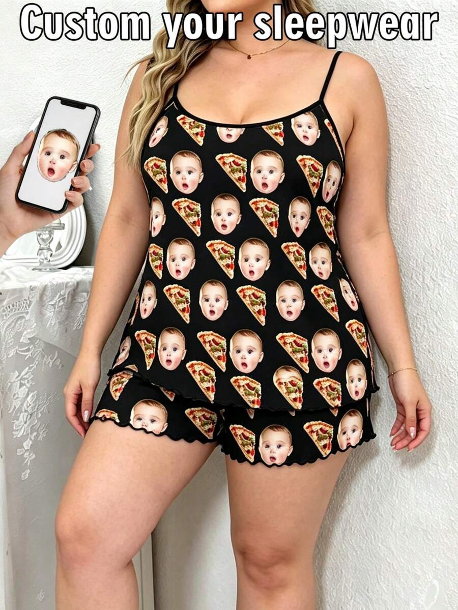 2Pcs/Set Plus Size Custom Face Photo Pizza Pajama Set Women Cami Shorts Nightwear Sleepwear Personalised Ruffle Gift For Wife - Multicolor - View 1