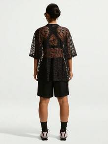 Nike Women's AS W NK CHILL WVN LACE JERSEY Short Sleeve T-Shirt Knit Collarless Short TIM8388-010 - Black - View 5