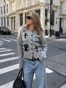 Cardigan Rajut dengan Jarum Pipih, Motif Bulan dan Langit Berbintang, Potongan Ramping dan Jaket Lengan Panjang Kasual yang Cocok untuk Dipakai di Musim Semi dan Gugur - Grey - View 2