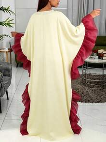 Gaun Bubu Afrika Sederhana dengan Blok Warna, Potongan Longgar, Lengan Kelelawar Samping Berkerut, dan Detail Tarikan, Gaun Maxi Elegan untuk Acara Formal Gereja, Warna Kuning Musim Gugur - Kuning - View 3
