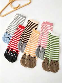 6 Pairs Women's Striped Mid-Calf Socks, Simple Cute Cartoon Cat Print On Heel, Versatile Daily Street Casual Mid-Calf Socks, Multi-Color Assortment - Multicolor - View 3