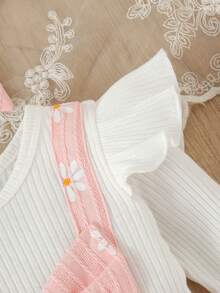 1 pieza Mono de bebé niña con estampado de margarita y lazo acanalado, con diadema, fino para primavera/otoño - Rosa - Ver 4