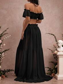 Maternity Strapless Ruffle Hem Dress, Chiffon Moderate Stretch Ruffle Detail Front Slit Ruffle Hem Maternity Photography Baby Shower Party Dress Black - Black - View 2