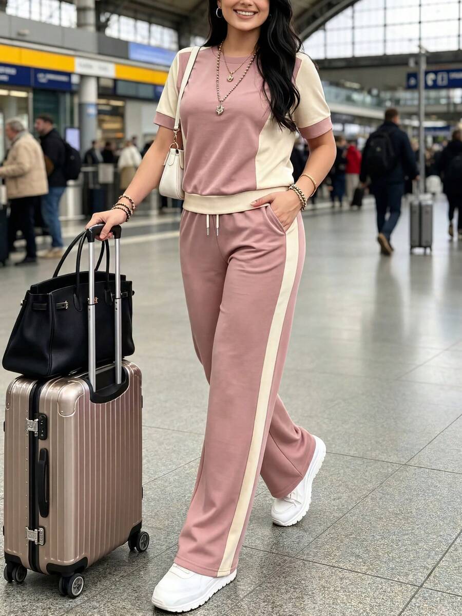 春夏女款新款休閒百搭拼色學院風圓領短袖上衣與高腰寬鬆直筒長褲兩件套,T恤與拼色長褲套裝,度假穿搭,旅行穿搭,海灘風,極簡度假穿搭 - 粉色 - 查看 1
