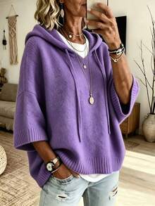 Plus Size Women's Casual Fashion Solid Color Loose Hooded Knit Sweater Pullover Cardigan Autumn/Winter Knit Top - Purple - View 1
