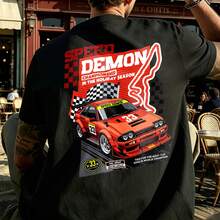 Estilo casual de ropa urbana, camiseta para hombre, estampado gráfico de coche de carreras Speed Demon, ropa de verano para exteriores,% algodón, camiseta vintage de carreras. - Negro - Ver 3