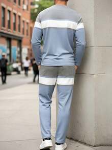 Men's Autumn/Winter Casual Comfortable Colorblock Striped Print Crew Neck Long Sleeve T-Shirt & Pants Set - Multicolor - View 2