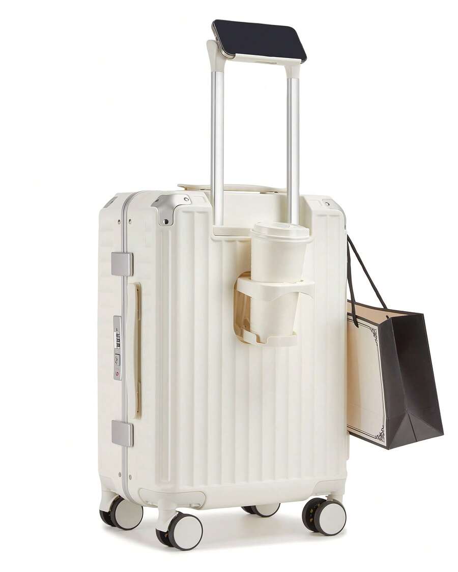 Suitcase With Cup Holder Zip Free Aluminium Frame PC Hard Shell Luggage 20 Inch Cabin 24 Inch Medium 28 Inch Large TSA Lock 3 Piece Luggage Set White