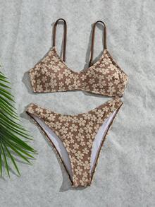 2026 Vintage Green Jacquard Bikini Set, Spaghetti Strap Top And Triangle Bottom, Summer Beach Vacation Swimwear Brown - Brown - View 8