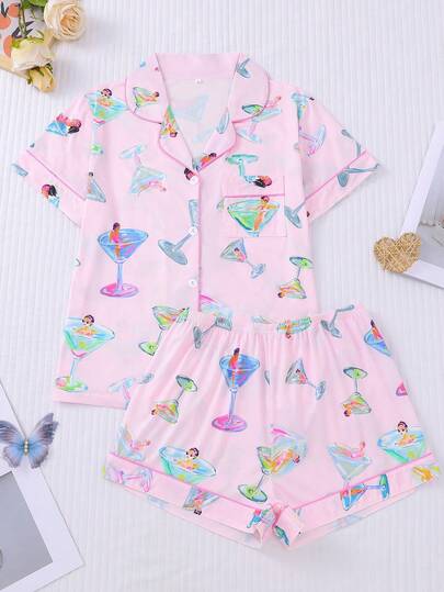 Bộ đồ ngủ nữ 2 món/set, họa tiết Cocktail Beauty, đồ mặc nhà nữ, trang phục nghỉ lễ xuân/hè, áo tay ngắn cổ bẻ và quần short