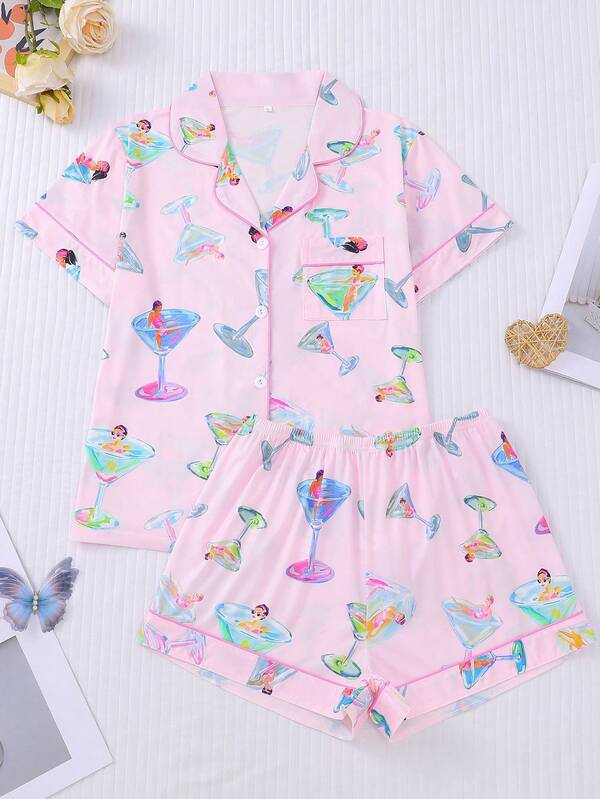 2pcs/Set Women's Pajama Set, Cocktail Beauty Print, Women's Loungewear, Spring/Summer Holiday Outfit, Short Sleeve Lapel Top And Shorts Wearable Set