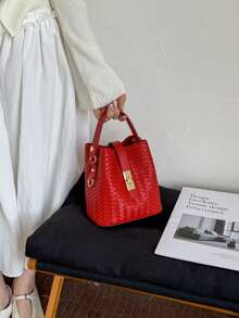 Nueva bolsa de cubo con cordón de mujer de unicolor con textura tejida, bolso de mano y de hombro de moda - Multicolor - Ver 18