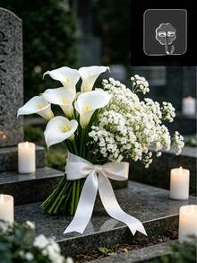 30/15/5支白色人造马蹄莲+满天星组合，墓地人造花，无需维护，生动逼真，适用于墓地、殡仪馆，优雅哀悼装饰，永恒纪念户外人造花 - 彩色 - 查看 11