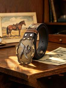 1pc Western Style Vintage Distressed Brown Leather Belt, Floral Embossed PU Leather Belt, Unisex, Suitable For Any Occasion - Multicolor - View 6