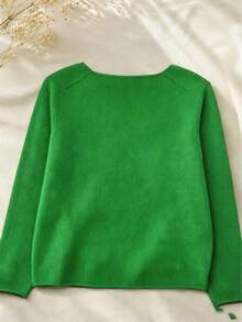 Suéter de cuello redondo suave para mujer, vintage fresco, casual de verano, suéter versátil de unicolor, diseño de rayas detalladas en los hombros, ligero de unicolor para verano/otoño, suéter de manga larga acanalada para vacaciones - Verde - Ver 8