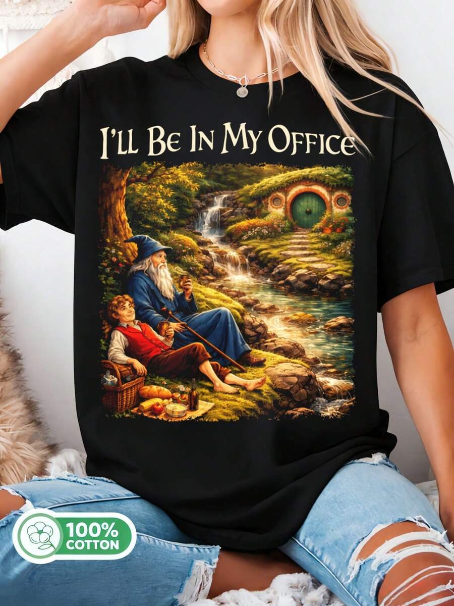 I'll Be In My Office, Fellowship Graphic T-Shirt, Shire Fantasy Inspired T-Shirt, Funny Second Breakfast, Gift For Book Lovers.. - 黑色 - 查看 1