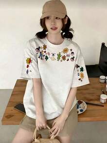 New Summer Gen Z Y2K Style Girls Fun Cartoon Sleeve Print Crew Neck Short Sleeve T-Shirt Casual Vacation - Light Gray - View 7