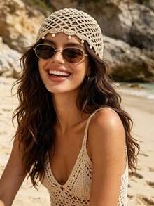 1pc New Bohemian Style Pearl Sequin Crochet Hollow Bead Beanie Hat, High-End Knitted Headwear - Multicolor - View 4